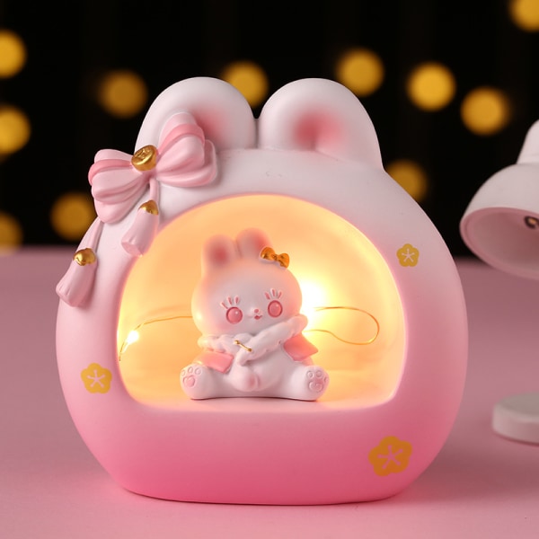 Kanin børneværelse lampe | Kanin Natlampe Sengelampe Kaninens år Dekoration, harpiks tegnefilm Kanin Natlampe Batteridrevet Pink
