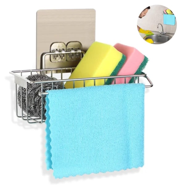 Køkkenvask Caddy - selvklæbende og aftagelig vask svampe opvaskeholder vægmonteret opbevaringsstativ