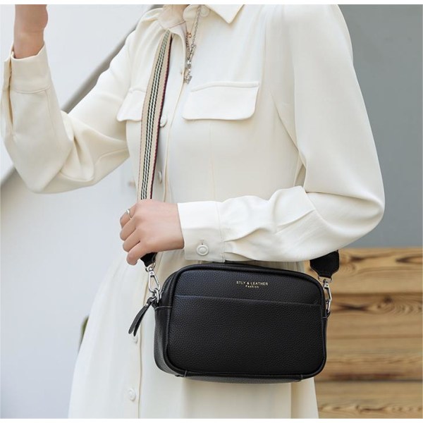 Messenger-väska för kvinnor, liten äkta läder Snygg och enkel svart