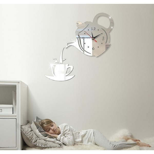 Väggklockor Kreativ akryl kaffekopp tekanna 3d väggklocka silver