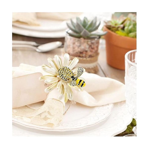 9st Daisy Sunflower Servettringar, Gold Bee Servettringhållare för formellt eller casual matbord