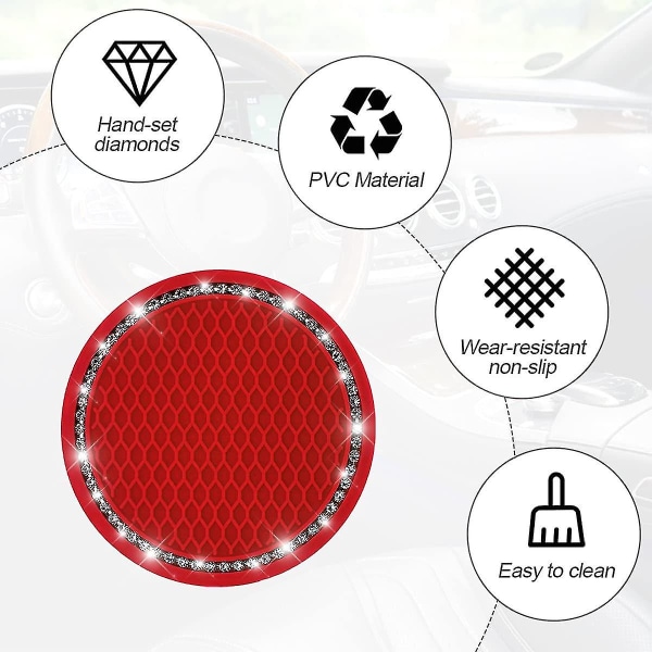 2st Universal Car Cup Coaster, strass biltillbehör 2,75 tums bilkopphållare Insatsmatta Pad Set, lämplig för de flesta bilinteriörer (röd/vit)