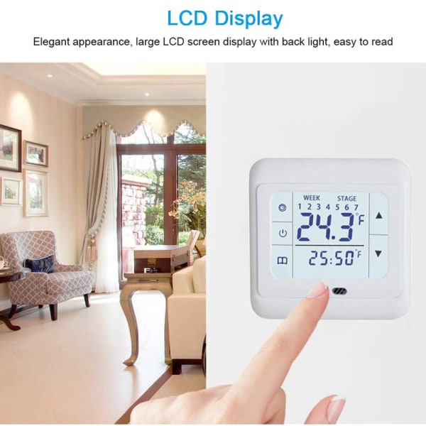 Pekskärm Temperaturkontroll Stor LCD-skärm Pekskärm Vit Digital Termostat AC 220V,