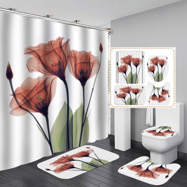 Tulip Flower vanntett polyester dusjforheng Sett med fire baderomsmatter Gul