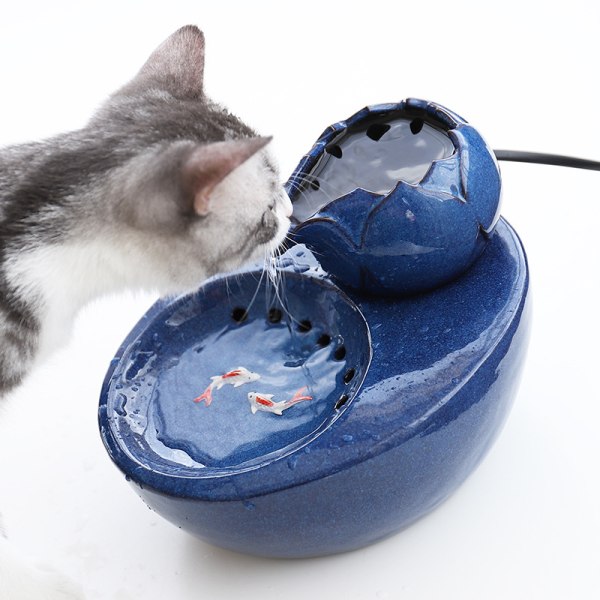 Katt dricker fontän keramik husdjur dricker fontän-Lotus vertikal katt dricker fontän-automatisk cirkulerande filtrerat vatten hälsa och hygien blue