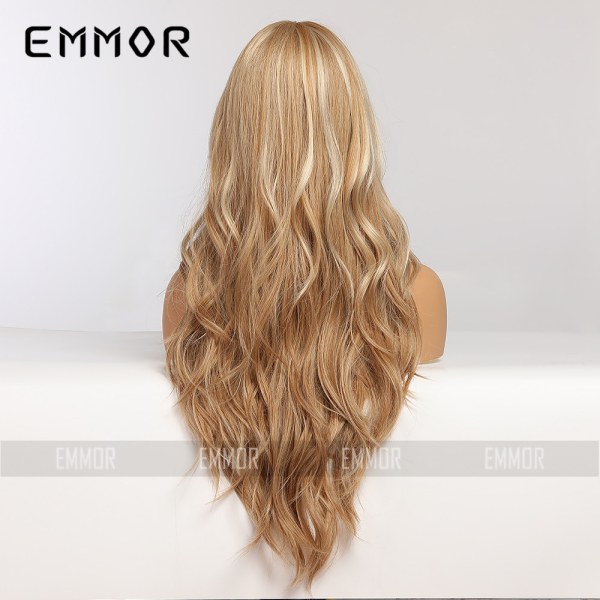 Gylne høydepunkter langt krøllete hår kjemisk fiber parykk kvinnelig hodeplagg