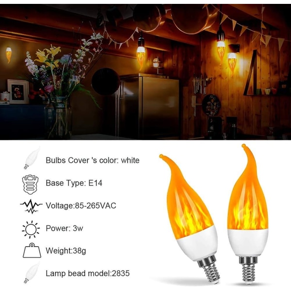 E14 LED-lampa, 3 Watt Led Flame-lampa med 3 ljuslägen, 1800k vintage dekorativa lampor - 4-pack