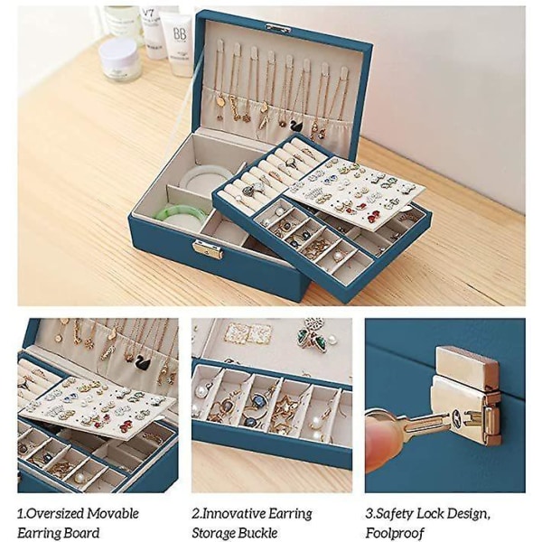Dubbellagers låsbar smyckeskrin, förvaringsbox med stor kapacitet svart