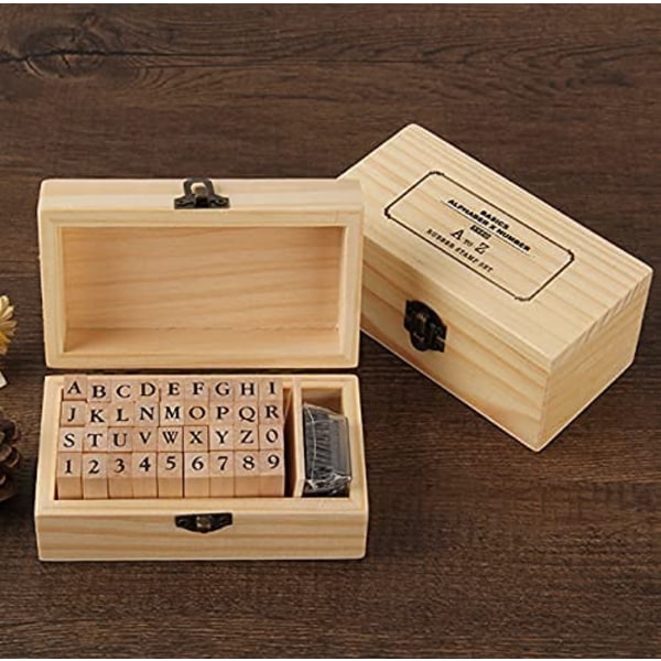 Trä gummistämpel Set 36 bokstäver med trä förvaringsbox