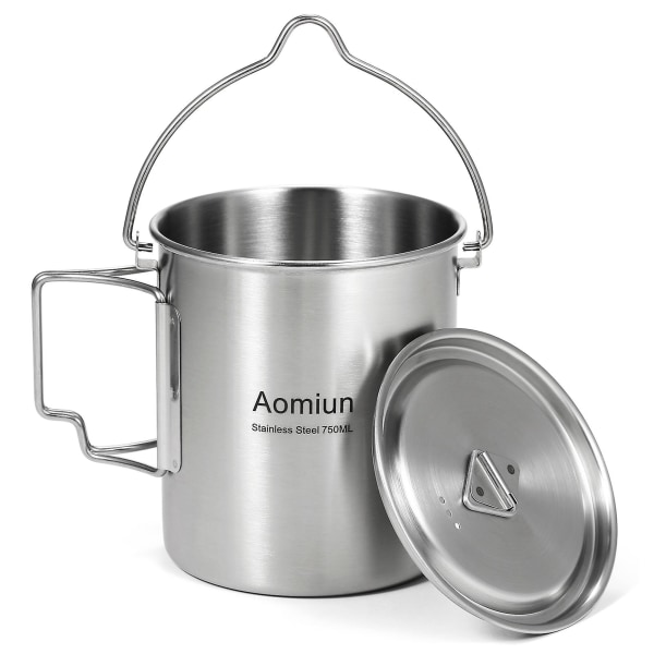 750 ml gryta i rostfritt stål Bärbar vattenmugg kopp med lock och vikbart handtag Utomhuscamping matlagning picknick