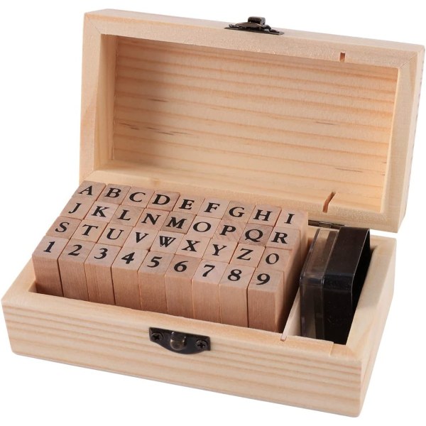 Trä gummistämpel Set 36 bokstäver med trä förvaringsbox