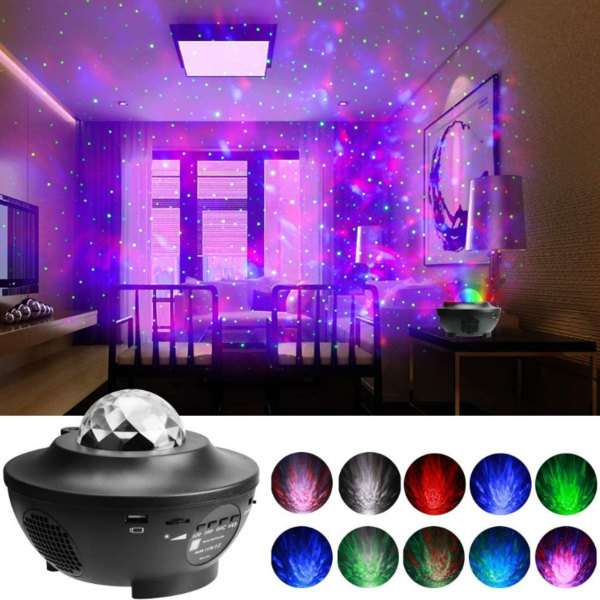 LED-projektor, stjernehimmellys, høyttaler med vannbølgeeffekt med Bluetooth