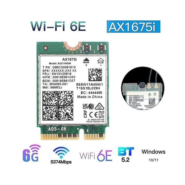 Ax1675i Wifi-kortti + 8db antenni Wifi 6e M.2 Key E Cnvio 2 Band 2,4g/5g/6ghz langaton kortti Ax211
