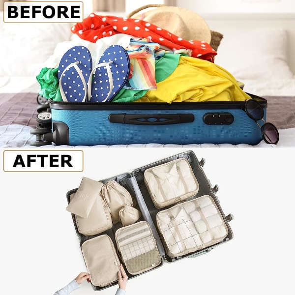 8-i-1 bagasjeoppbevaringssett for reiser, klesvesker, skovesker, reiseorganisator, kosmetikkoppbevaringsposer (beige),
