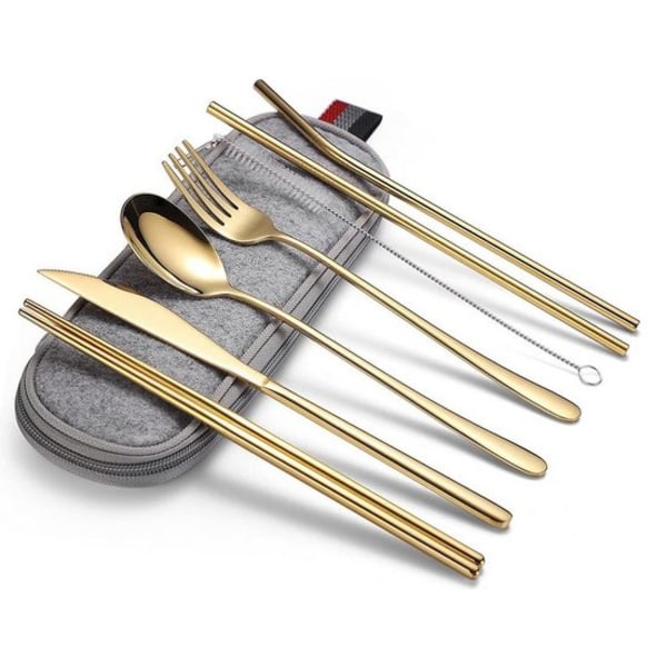 7PCS middagsstel, camping rustfrit stål mat bestiksæt gold