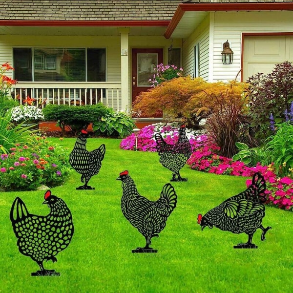 5st trädgårdshöna, kycklinggård konst trädgård gräsmatta golvdekoration, djursilhuett trädgård metall stavar