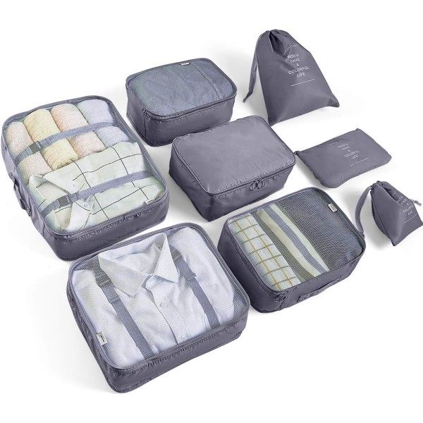 Organizer, väska med 8, vattentät, bagage, reseförvaringsväska, kläder, resväska grey