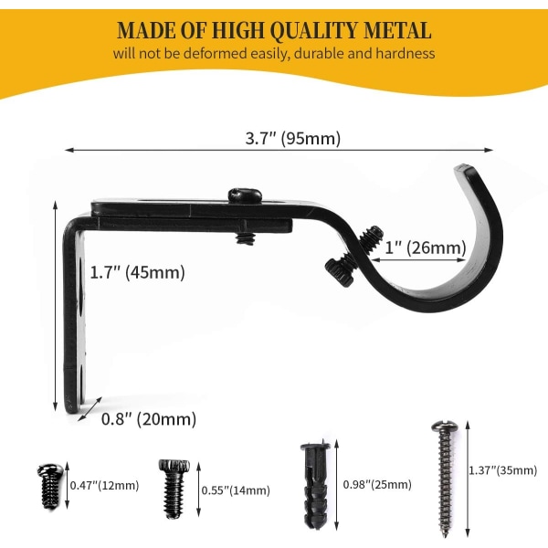 Sæt med 2 kraftige justerbare gardinstangsbeslag Stangbeslag til 1/2 tomme stænger, sort