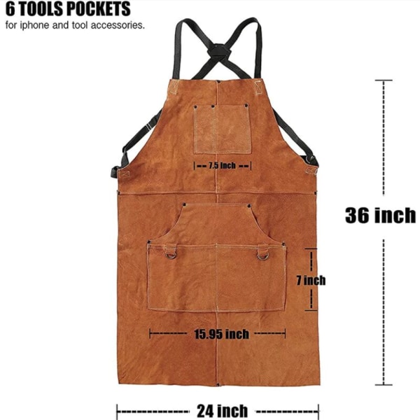 Träbearbetningsförkläde i läder, arbetsförkläde med 6 verktygsfickor