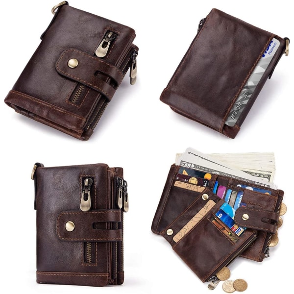 Herrplånbok RFID-blockerande plånbok i äkta läder för män och myntficka med dragkedja Bifold brun
