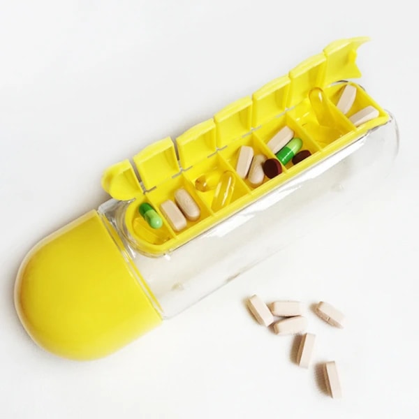 Urheiluvesipullo, jossa 7-päiväisen laatikon organizer Lääketieteellinen elintarvikelaatuinen juomalasi keltainen yellow