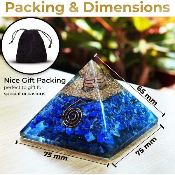 Healing Crystal Chakra Stone EMF Protection Organic Pyramid, Meditationspyramid med kvarts och koppar (Lapis Lazuli, 65mm - 75mm)