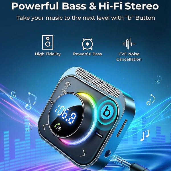 Bluetooth FM-sändare för bil, djupt ljud, hifi stereo billaddare Bluetooth adapter med C Igarettändarkontakt