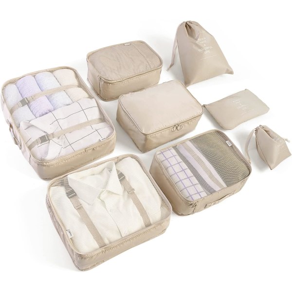8-i-1 bagasjeoppbevaringssett for reiser, klesvesker, skovesker, reiseorganisator, kosmetikkoppbevaringsposer (beige),