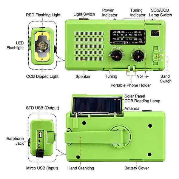 Solar Power Emergency Am/fm Radio Udendørs Håndsving Generator 4000mah Power Bank Med lommelygte P