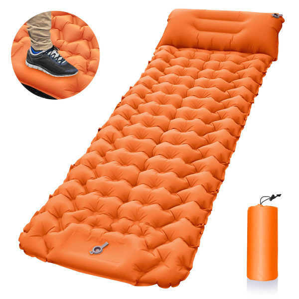 Camping liggeunderlag med fotpumpe og automatisk oppblåsing orange