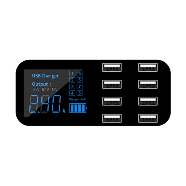 Hurtig Biloplader 8 Port Multi USB LCD Display 12V Telefonoplader