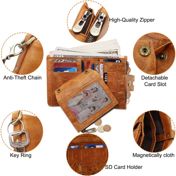 Herrplånbok RFID-blockerande plånbok i äkta läder för män och myntficka med dragkedja Bifold brun
