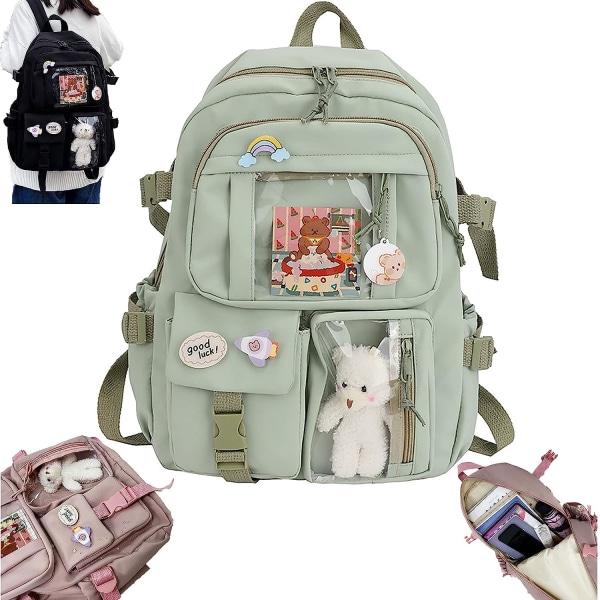 Kawaii skolryggsäck med plysch björnberlock och sött nåltillbehör
