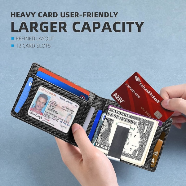 Tunn plånbok för män med stor kapacitet med 12 platser Rfid-blockerande enkel kolfibersvart svart