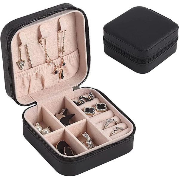 Bärbar resor Mini smyckeskrin Mini Jewellery Organizer Matkakorulaatikko sormuksiin, korvakoruihin (musta)