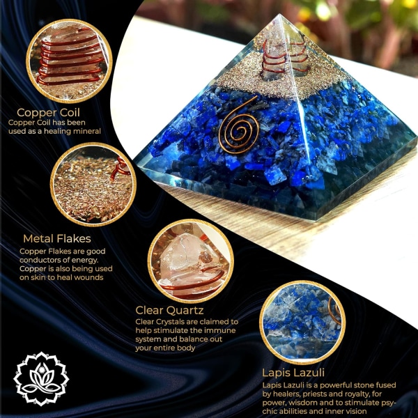 Healing Crystal Chakra Stone EMF Protection orgaaninen pyramidi, meditaatiopyramidi kvartsilla ja kuparilla (Lapis Lazuli, 65mm - 75mm)