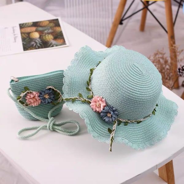 Girls Summer Hat Bag Set Sun Beach Hat Strap Axelväska green