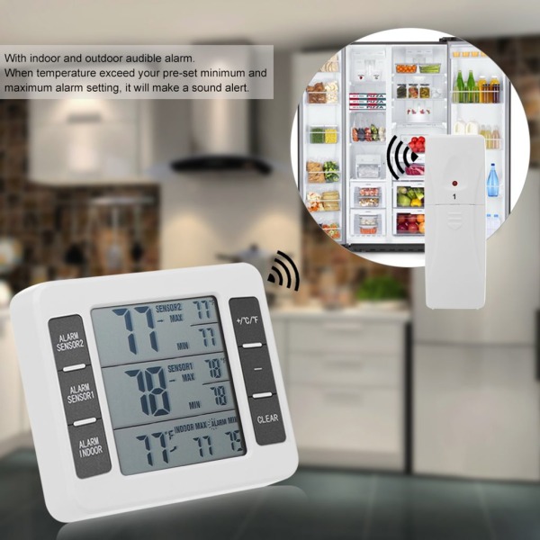 Trådløst digitalt køleskabstermometer Hørbar alarm indendørs/udendørs