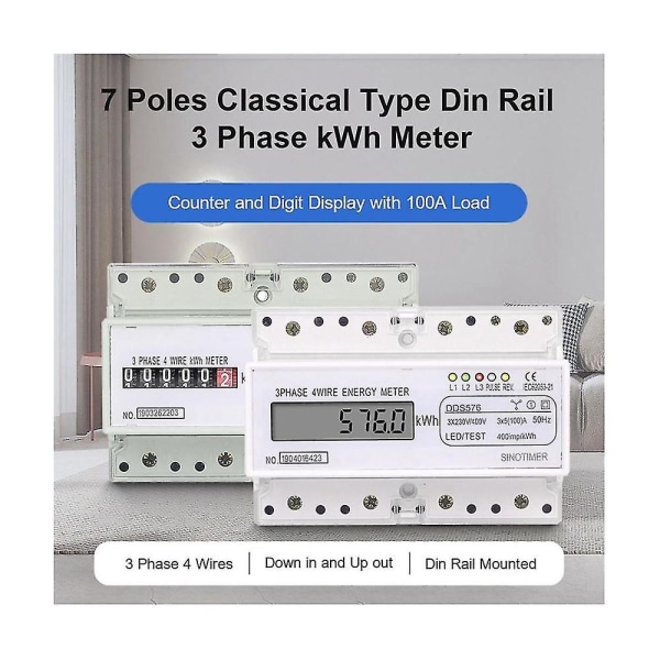 Trefas 4-ledningar Digital Power Elektricitetsmätare KWh Power Monitor Din Rail