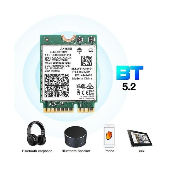 Ax1675i Wifi-kort+med 8db antenn Wifi 6e M.2 Key E Cnvio 2 Band 2,4g/5g/6ghz trådlöst kort Ax211