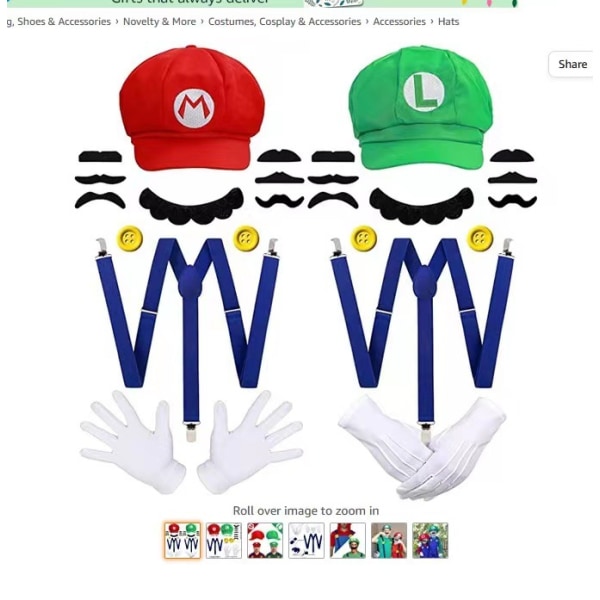 super mario bröder mario och luigi hatt hatt skägg handskar knappar cosplay kostym