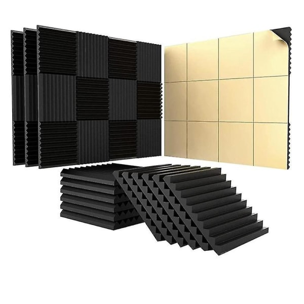 24 pakke akustiske paneler med klæbemiddel, 1 x 12 x 12 tommer lydisolerede skumpaneler, studie, sort