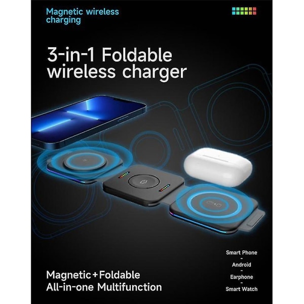 3 i 1 foldbar magnetisk trådløs oplader til 11 12 Pro Max bærbar trådløs oplader til (hvid)