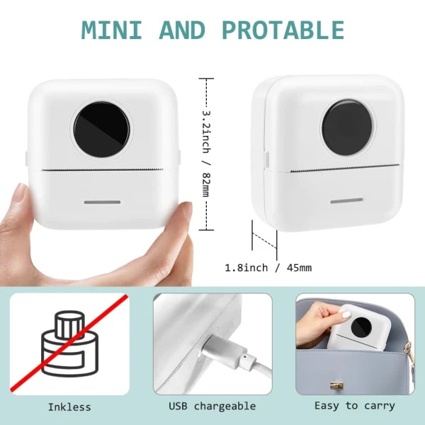 Mini fickprinter Bärbar skrivare Mini Bluetooth Termisk skrivare USB Student Fick Fel etikett Foto  Vit white