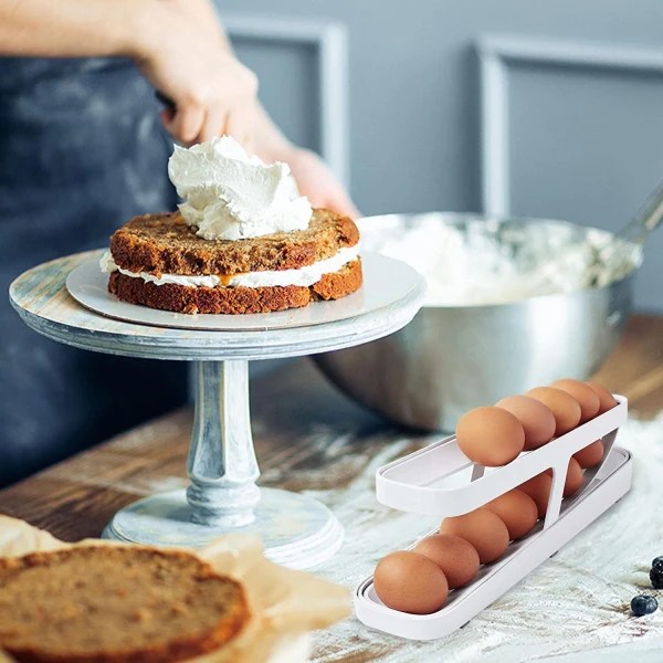 Æggebakke til køleskab, æggespreder, æggebakke, ægopbevaring til 12-14 æg, dobbelt lag, køkkenarrangør  hvid