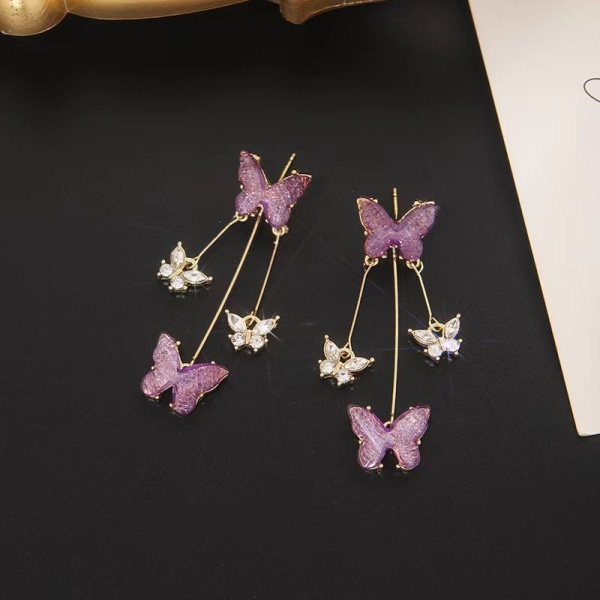 Mori Fresh Long Tassel Butterfly Øredobber Lilla Rhinestone smykker Lilla Elegant Sølvnål