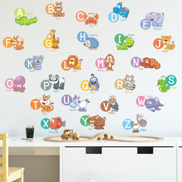 Alfabet-vægklistermærker Tegnefilmsdyr Vægdekaler til børnehaveværelse Alfabet-vægklistermærker