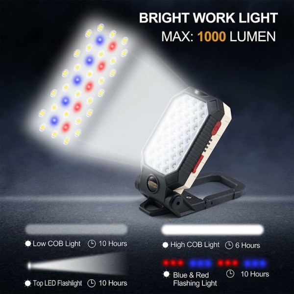 1000 Lumen oppladbart LED-arbeidslys Arbeidslys med 170° justerbar brakettkrok Magnetisk fakkelinspeksjonslampe for bilreparasjon Hjemmecamping