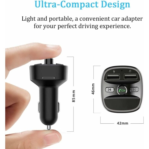 Bluetooth FM-sender, Bluetooth MP3-spiller Radioadapter Trådløs FM-sendersett Billader med doble USB-porter 5V/2.4A & 1A, håndfri samtale