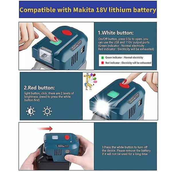 För Ma-kita 18v Litiumbatteri Inverter Generator Bärbar Power USB Adapter Med Led-ljus För Ma